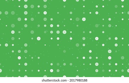 Seamless background pattern of evenly spaced white gramophone record symbols of different sizes and opacity. Vector illustration on green background with stars