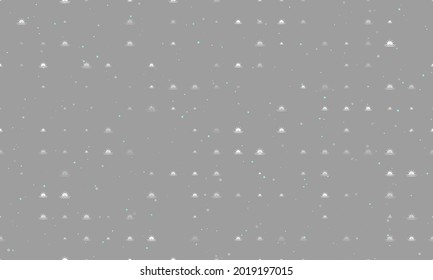 Seamless background pattern of evenly spaced white sunrise at sea symbols of different sizes and opacity. Vector illustration on grey background with stars