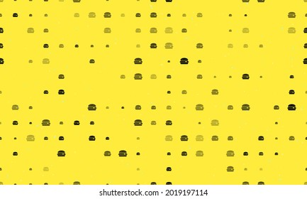 Seamless background pattern of evenly spaced black hamburger symbols of different sizes and opacity. Vector illustration on yellow background with stars