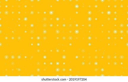 Seamless background pattern of evenly spaced white radio button symbols of different sizes and opacity. Vector illustration on amber background with stars