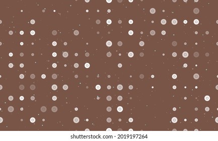 Seamless background pattern of evenly spaced white gramophone record symbols of different sizes and opacity. Vector illustration on brown background with stars
