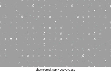 Seamless background pattern of evenly spaced white bonfire symbols of different sizes and opacity. Vector illustration on grey background with stars