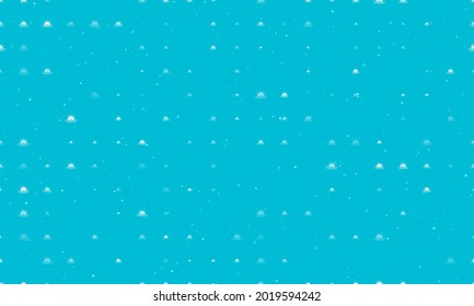 Seamless background pattern of evenly spaced white sunrise at sea symbols of different sizes and opacity. Vector illustration on cyan background with stars