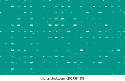 Seamless background pattern of evenly spaced white hotdog symbols of different sizes and opacity. Vector illustration on teal background with stars