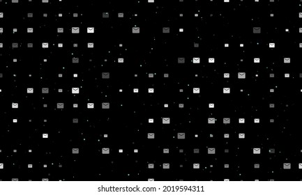 Seamless background pattern of evenly spaced white email symbols of different sizes and opacity. Vector illustration on black background with stars