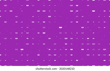 Seamless background pattern of evenly spaced white hotdog symbols of different sizes and opacity. Vector illustration on purple background with stars