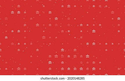 Seamless background pattern of evenly spaced white baby mobiles of different sizes and opacity. Vector illustration on red background with stars