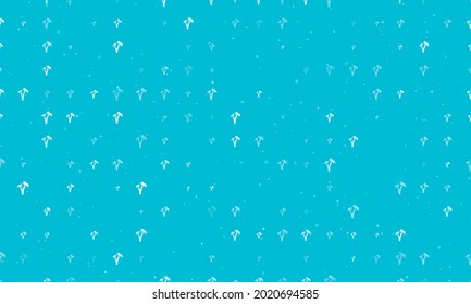 Seamless background pattern of evenly spaced white palm trees symbols of different sizes and opacity. Vector illustration on cyan background with stars
