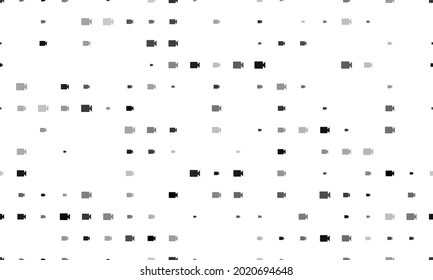 Seamless background pattern of evenly spaced black video camera symbols of different sizes and opacity. Vector illustration on white background
