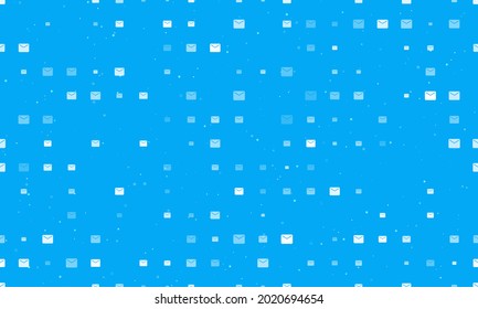 Patrón de fondo sin inconvenientes de símbolos de correo electrónico blanco uniformemente espaciados de diferentes tamaños y opacidad. Ilustración vectorial sobre fondo azul claro con estrellas