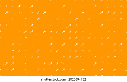 Seamless background pattern of evenly spaced white baby rattle symbols of different sizes and opacity. Vector illustration on orange background with stars