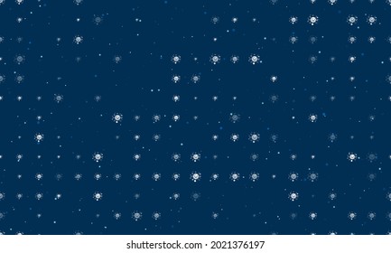 Seamless background pattern of evenly spaced white cosmic symbols of different sizes and opacity. Vector illustration on dark blue background with stars