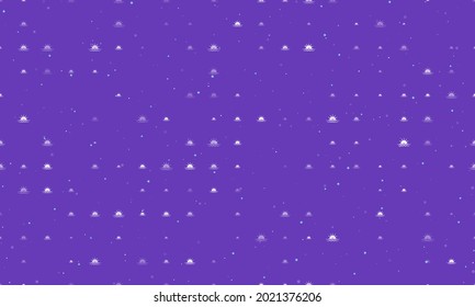 Seamless background pattern of evenly spaced white sunrise at sea symbols of different sizes and opacity. Vector illustration on deep purple background with stars