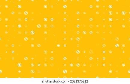 Seamless background pattern of evenly spaced white beach ball symbols of different sizes and opacity. Vector illustration on amber background with stars