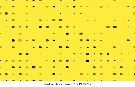 Seamless background pattern of evenly spaced black video camera symbols of different sizes and opacity. Vector illustration on yellow background with stars