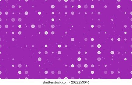 Seamless background pattern of evenly spaced white gramophone record symbols of different sizes and opacity. Vector illustration on purple background with stars