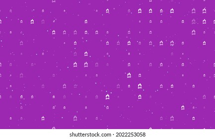 Seamless background pattern of evenly spaced white bonfire symbols of different sizes and opacity. Vector illustration on purple background with stars