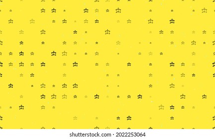 Seamless background pattern of evenly spaced black baby mobiles of different sizes and opacity. Vector illustration on yellow background with stars