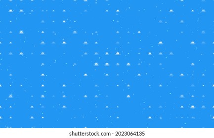 Seamless background pattern of evenly spaced white sunrise at sea symbols of different sizes and opacity. Vector illustration on blue background with stars