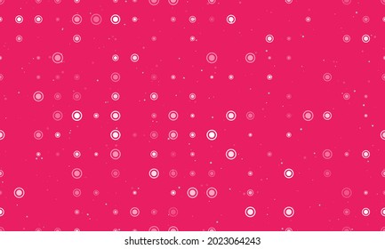 Seamless background pattern of evenly spaced white radio button symbols of different sizes and opacity. Vector illustration on pink background with stars