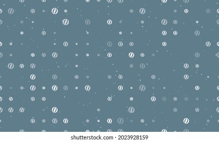 Seamless background pattern of evenly spaced white beach ball symbols of different sizes and opacity. Vector illustration on blue grey background with stars