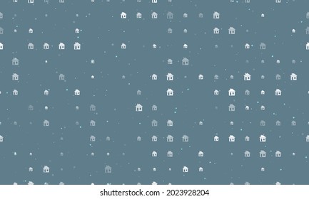 Seamless background pattern of evenly spaced white house symbols of different sizes and opacity. Vector illustration on blue grey background with stars