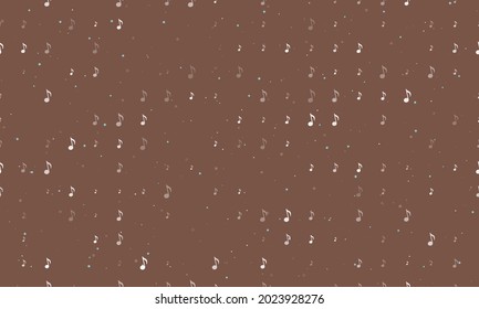 Seamless background pattern of evenly spaced white musical note symbols of different sizes and opacity. Vector illustration on brown background with stars