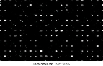 Seamless background pattern of evenly spaced white video camera symbols of different sizes and opacity. Vector illustration on black background with stars