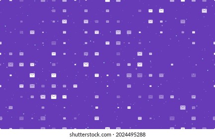 Seamless background pattern of evenly spaced white email symbols of different sizes and opacity. Vector illustration on deep purple background with stars