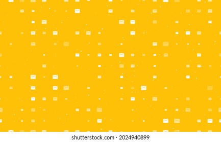 Seamless background pattern of evenly spaced white email symbols of different sizes and opacity. Vector illustration on amber background with stars