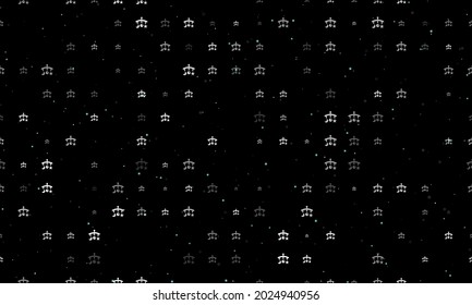 Seamless background pattern of evenly spaced white baby mobiles of different sizes and opacity. Vector illustration on black background with stars
