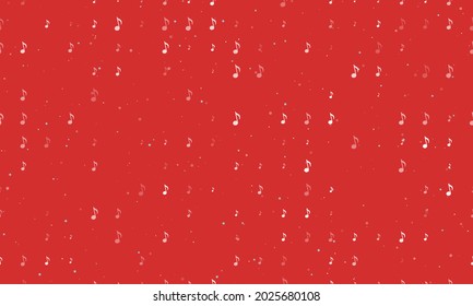Seamless background pattern of evenly spaced white musical note symbols of different sizes and opacity. Vector illustration on red background with stars