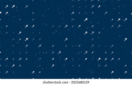 Seamless background pattern of evenly spaced white baby rattle symbols of different sizes and opacity. Vector illustration on dark blue background with stars