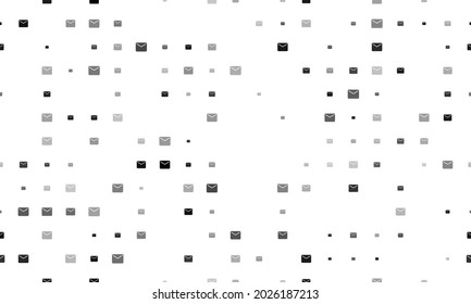 Seamless background pattern of evenly spaced black email symbols of different sizes and opacity. Vector illustration on white background