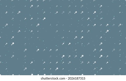 Seamless background pattern of evenly spaced white baby rattle symbols of different sizes and opacity. Vector illustration on blue grey background with stars
