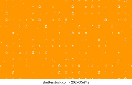 Seamless background pattern of evenly spaced white bonfire symbols of different sizes and opacity. Vector illustration on orange background with stars