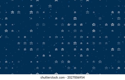 Seamless background pattern of evenly spaced white baby mobiles of different sizes and opacity. Vector illustration on dark blue background with stars