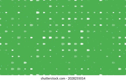 Seamless background pattern of evenly spaced white video camera symbols of different sizes and opacity. Vector illustration on green background with stars