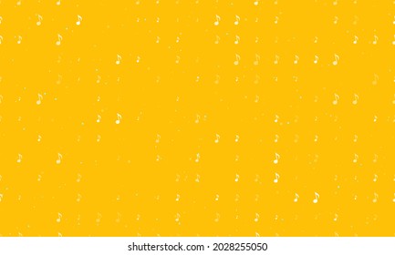 Seamless background pattern of evenly spaced white musical note symbols of different sizes and opacity. Vector illustration on amber background with stars