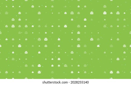 Seamless background pattern of evenly spaced white castle symbols of different sizes and opacity. Vector illustration on light green background with stars