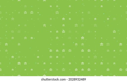 Seamless background pattern of evenly spaced white baby mobiles of different sizes and opacity. Vector illustration on light green background with stars
