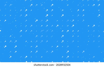 Seamless background pattern of evenly spaced white baby rattle symbols of different sizes and opacity. Vector illustration on blue background with stars