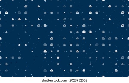 Seamless background pattern of evenly spaced white castle symbols of different sizes and opacity. Vector illustration on dark blue background with stars
