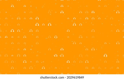 Seamless background pattern of evenly spaced white headphones symbols of different sizes and opacity. Vector illustration on orange background with stars
