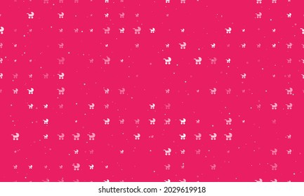 Seamless background pattern of evenly spaced white baby carriage symbols of different sizes and opacity. Vector illustration on pink background with stars