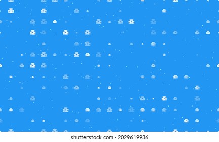 Seamless background pattern of evenly spaced white castle symbols of different sizes and opacity. Vector illustration on blue background with stars