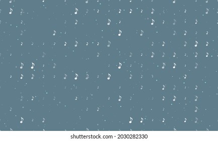 Patrón de fondo sin brillo de símbolos de notas musicales blancas espaciadas uniformemente de diferentes tamaños y opacidad. Ilustración vectorial sobre fondo gris azul con estrellas