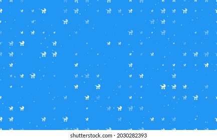 Seamless background pattern of evenly spaced white baby carriage symbols of different sizes and opacity. Vector illustration on blue background with stars
