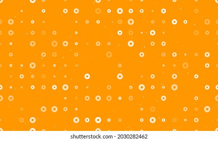 Seamless background pattern of evenly spaced white record media symbols of different sizes and opacity. Vector illustration on orange background with stars