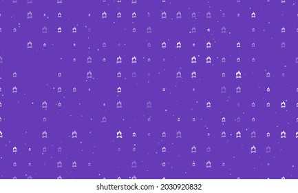 Seamless background pattern of evenly spaced white bonfire symbols of different sizes and opacity. Vector illustration on deep purple background with stars